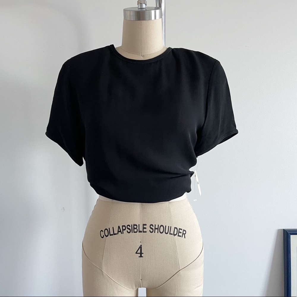 Deadstock Vintage Black Silk Blouse Button-Back short sleeve medium